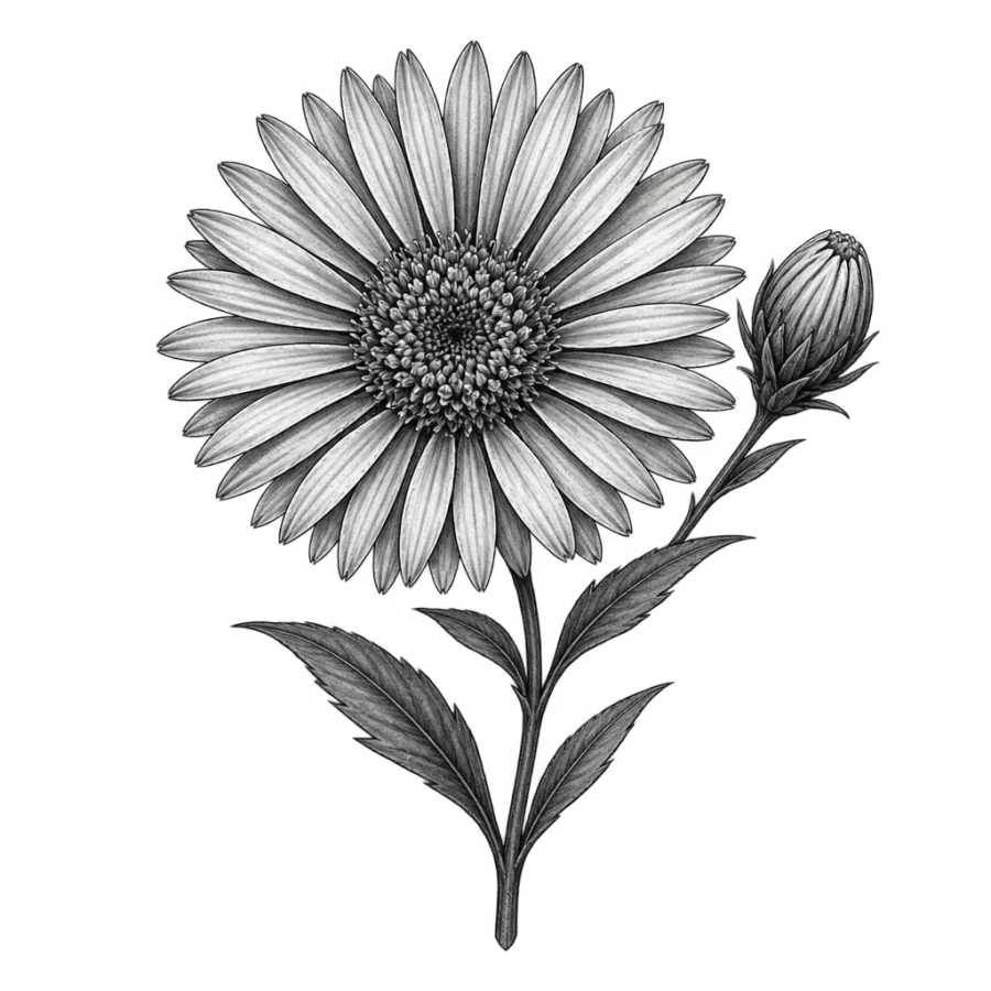 Black and grey realism tattoo of an aster in full bloom with a bud