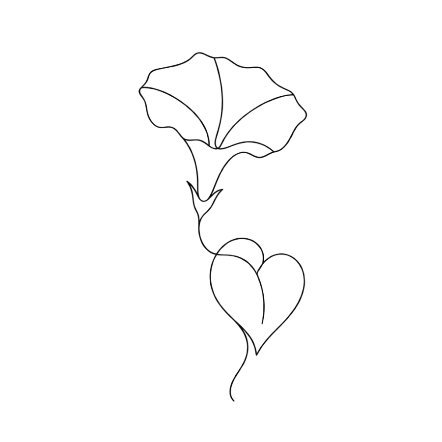 Minimalist single line tattoo of a morning glory bloom and leaf