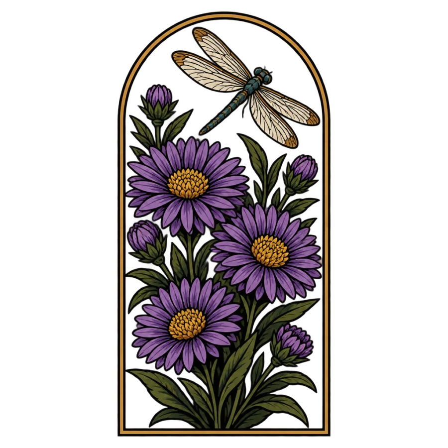 Neo traditional tattoo of asters in an arch with a dragonfly