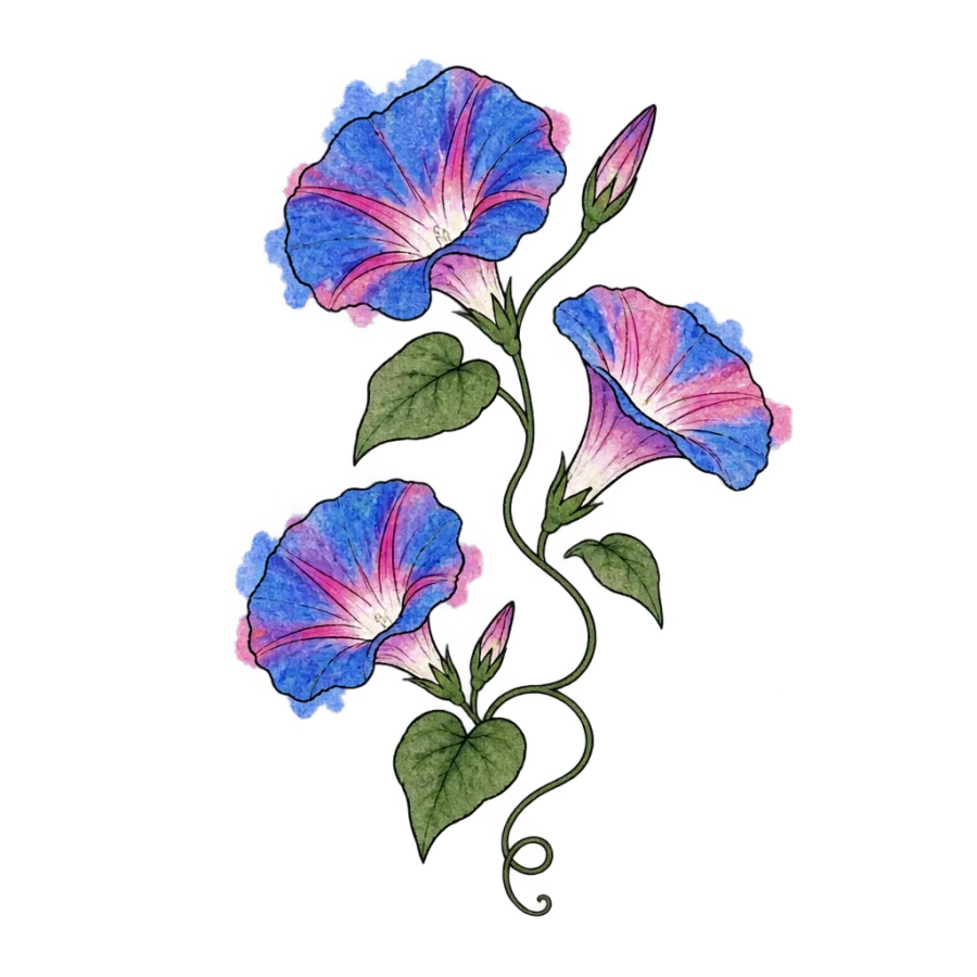 Watercolor tattoo of three morning glory blooms and a curling tendril
