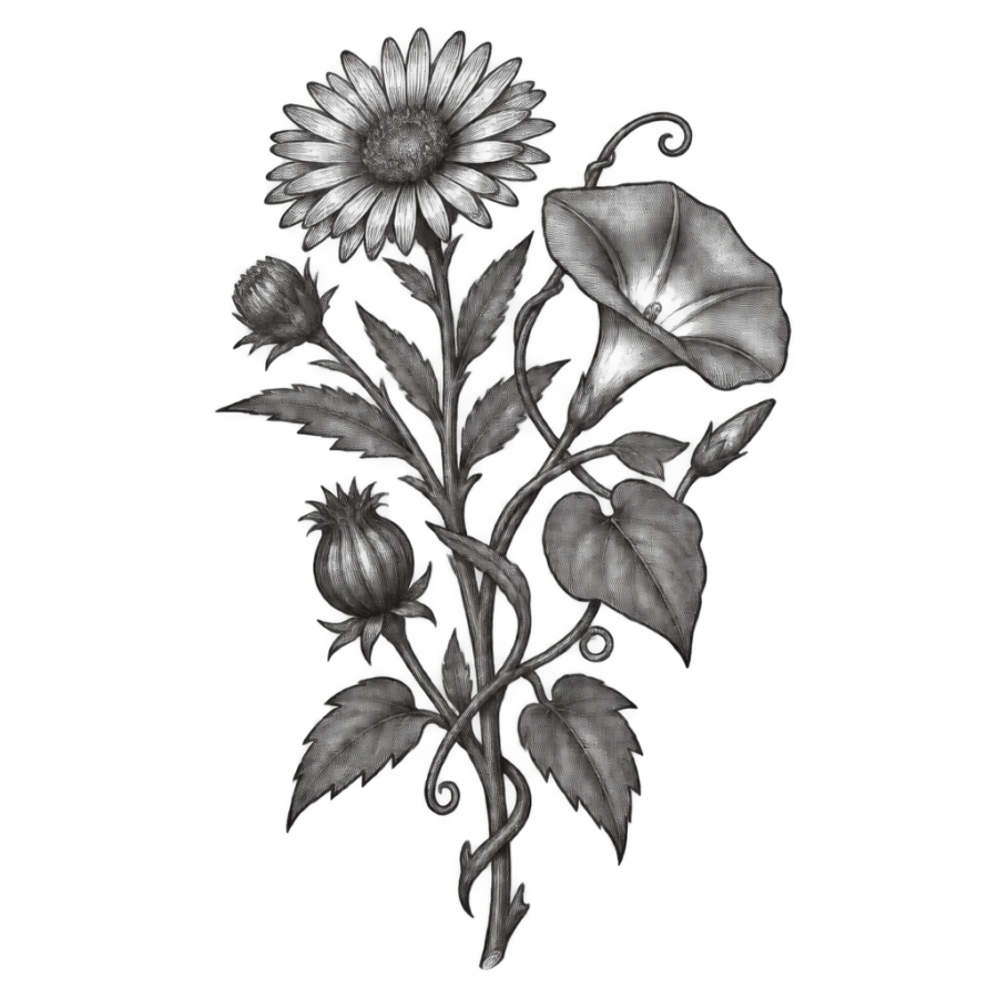 Engraved botanical plate tattoo design of September aster and morning glory