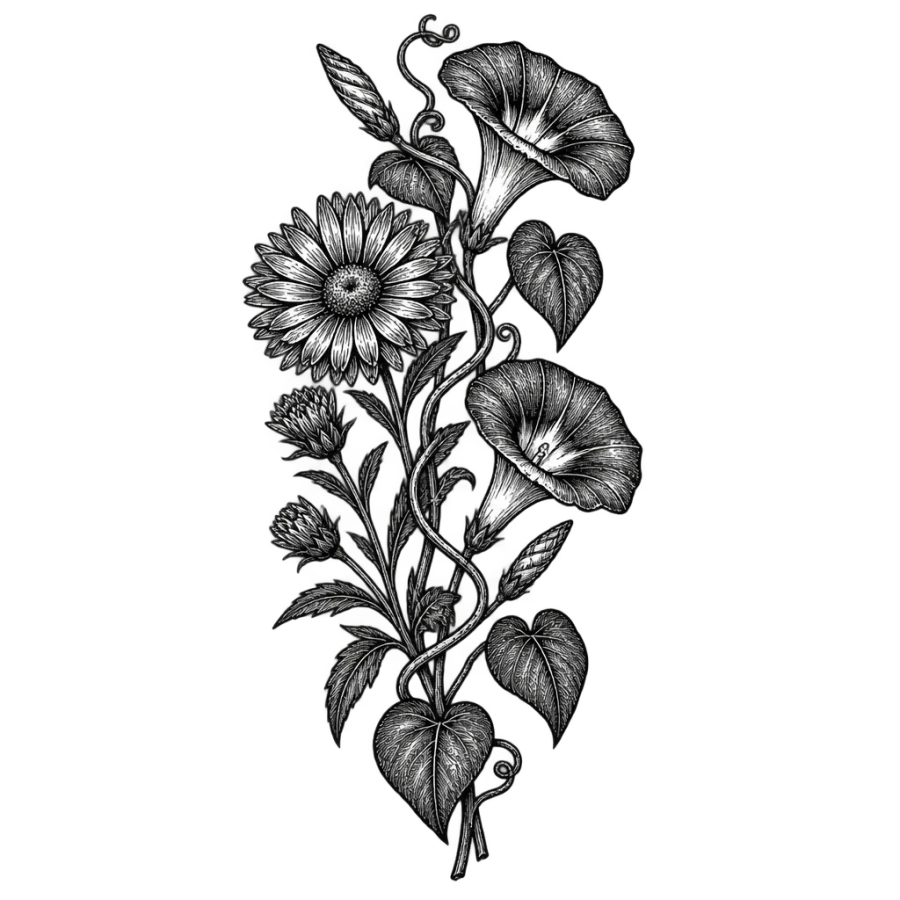 Engraved tattoo of an aster with a morning glory vine climbing it