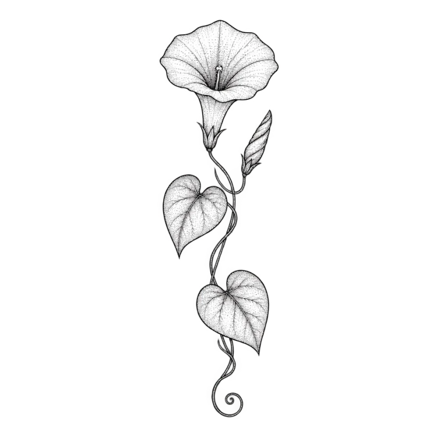 Fine line tattoo of a morning glory trumpet on a twining vine