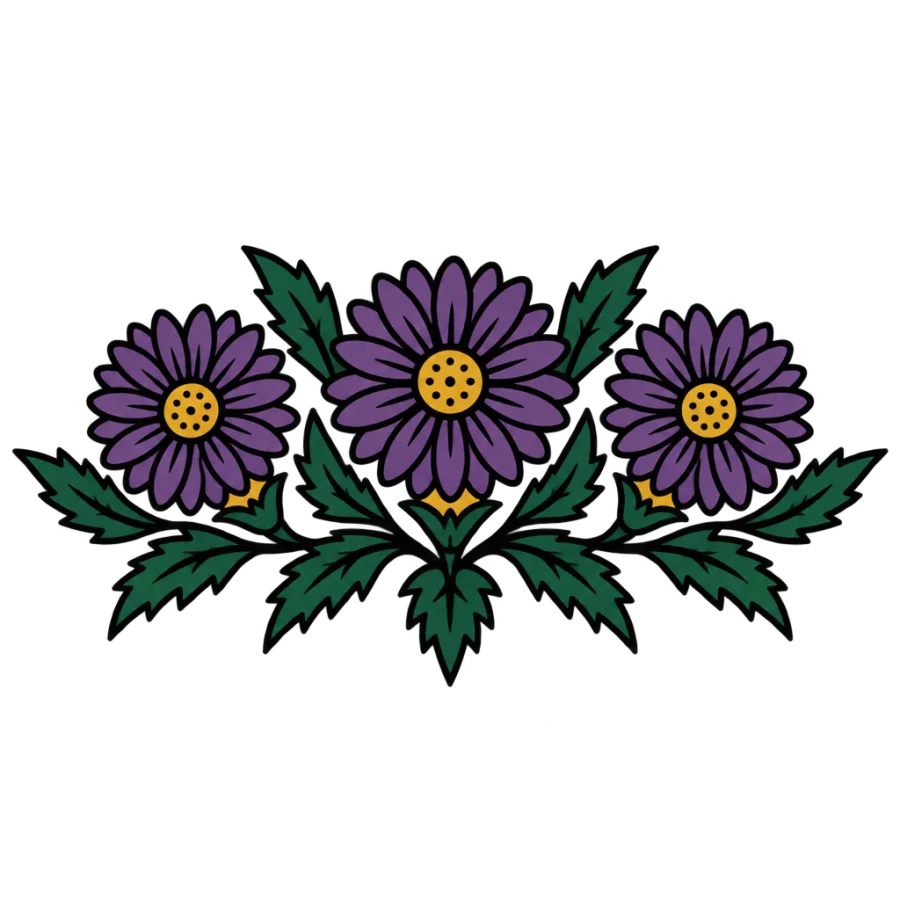 American traditional tattoo of a spray of three asters with leaves