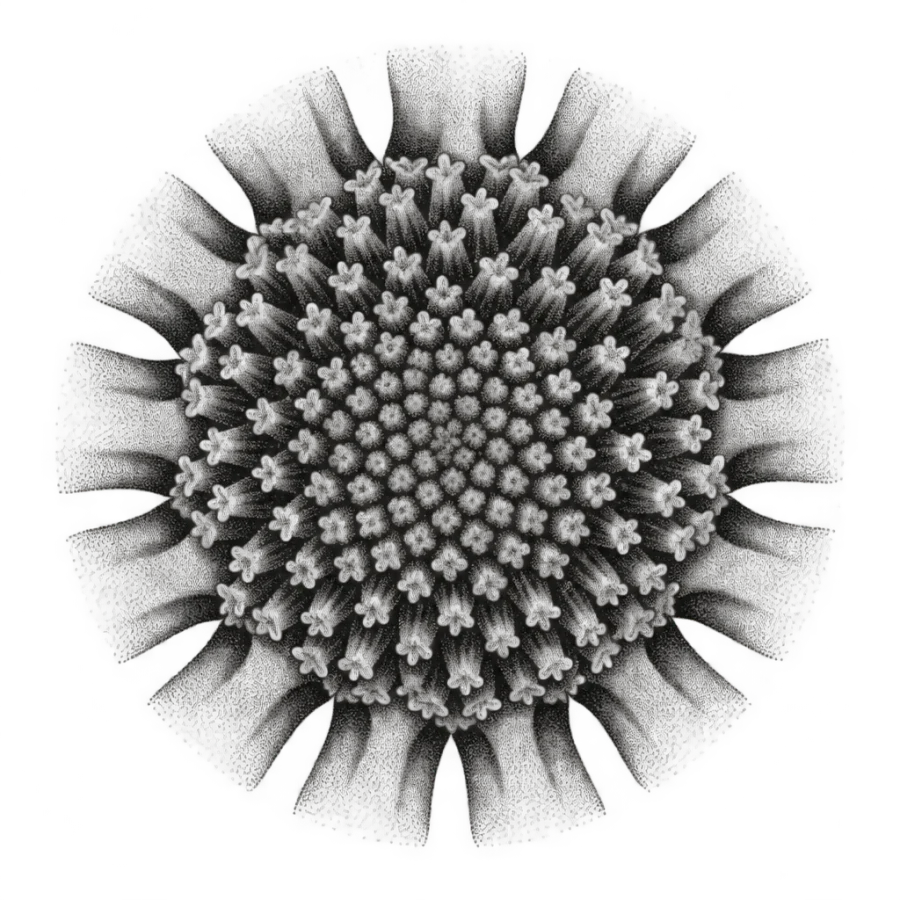 Dotwork tattoo of an aster centre disc seen in extreme close crop