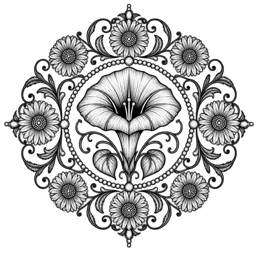 Filigree tattoo medallion of a morning glory ringed with aster heads