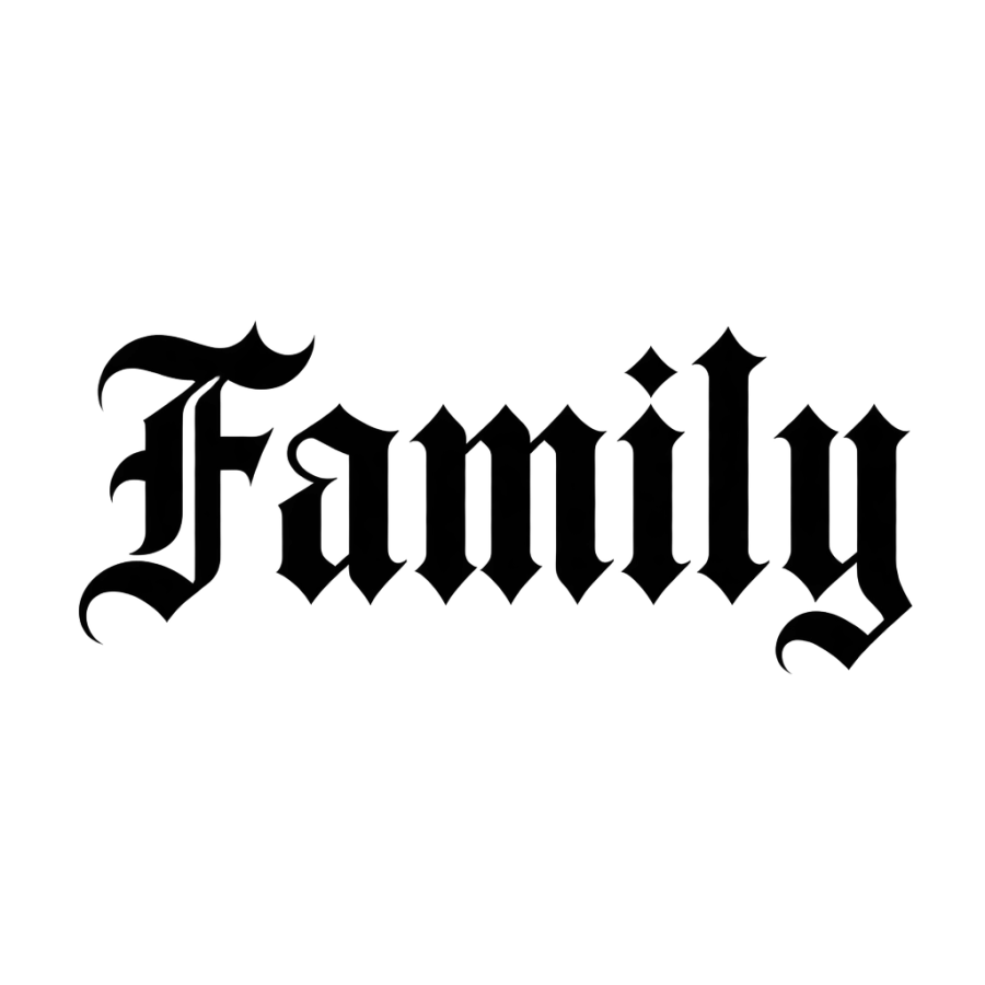 Gothic fraktur tattoo lettering spelling the single word Family