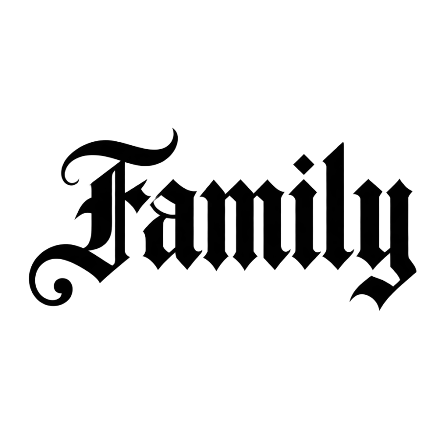 Old English tattoo lettering reading Family with an ornamental swash F