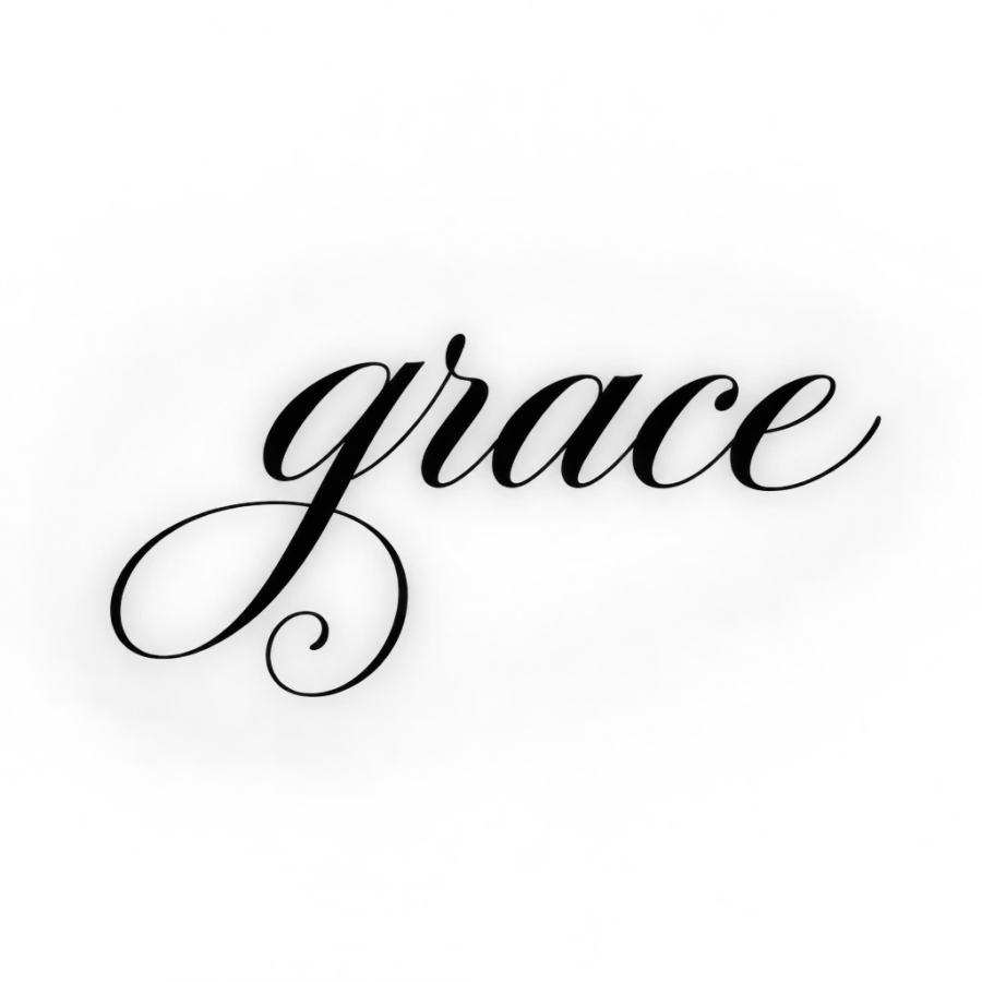 Copperplate script tattoo lettering reading grace with a looping spiral flourish