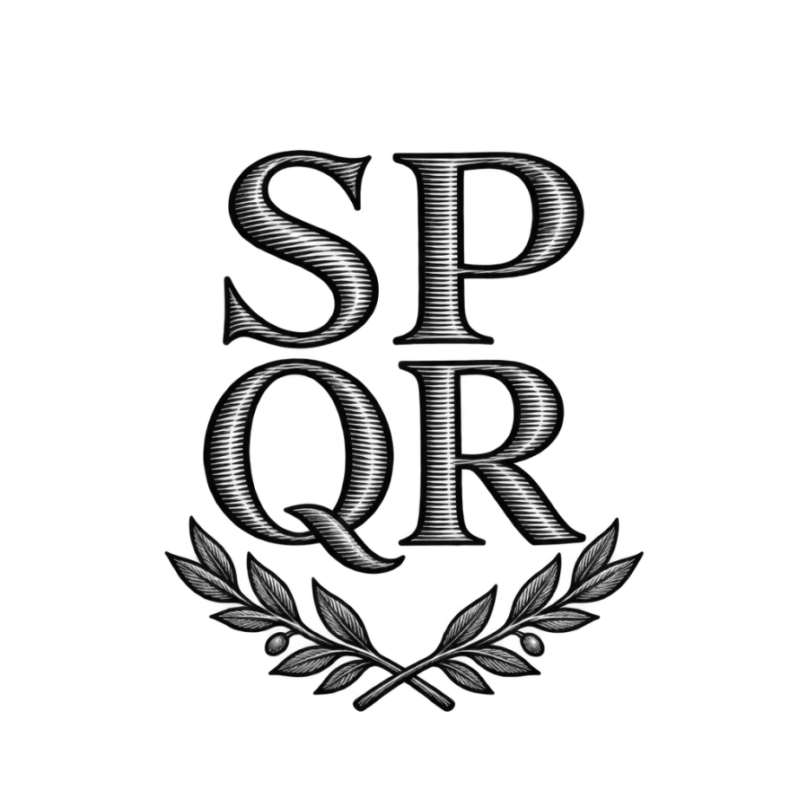 Engraving style tattoo lettering of SPQR above a crossed laurel sprig