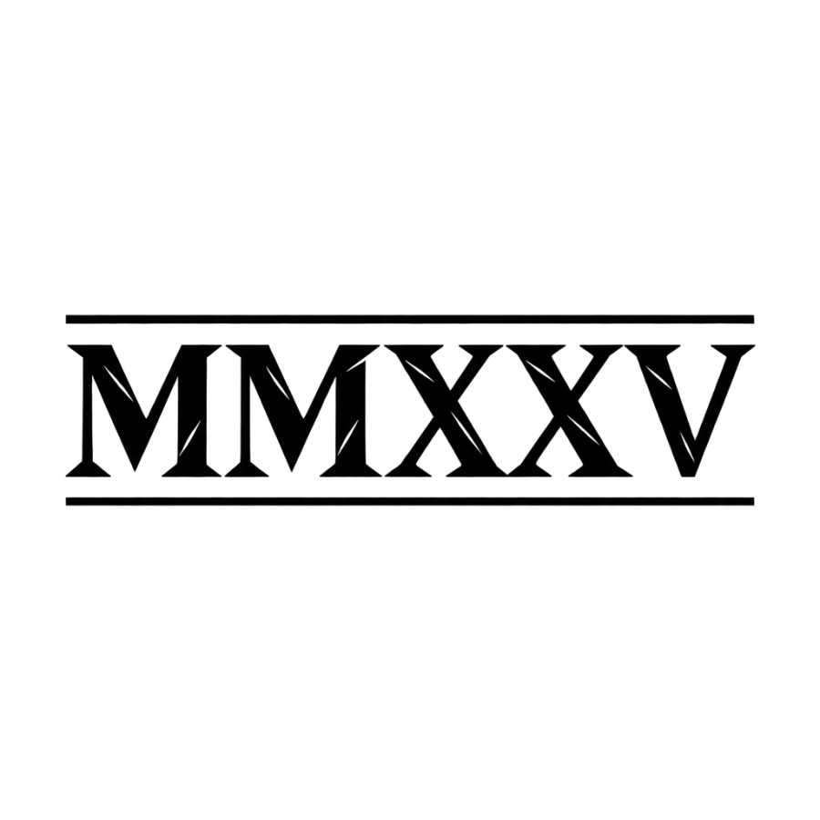 Roman capital tattoo lettering of the numeral MMXXV between rule lines