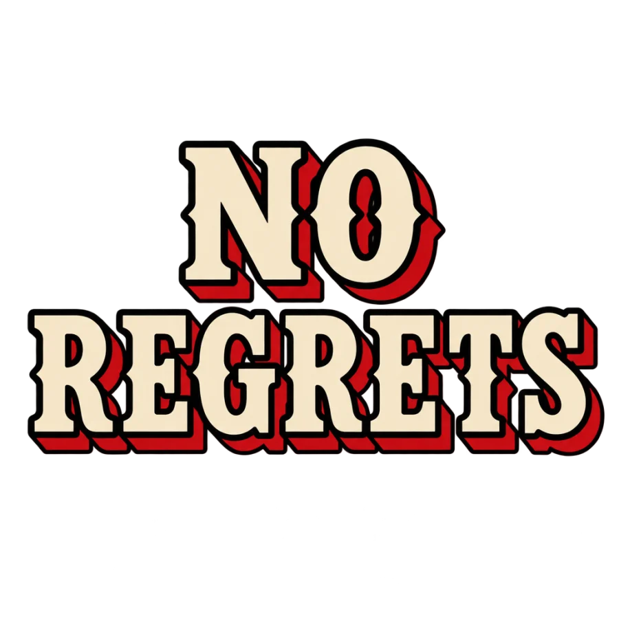 American traditional block lettering tattoo reading no regrets with drop shadow