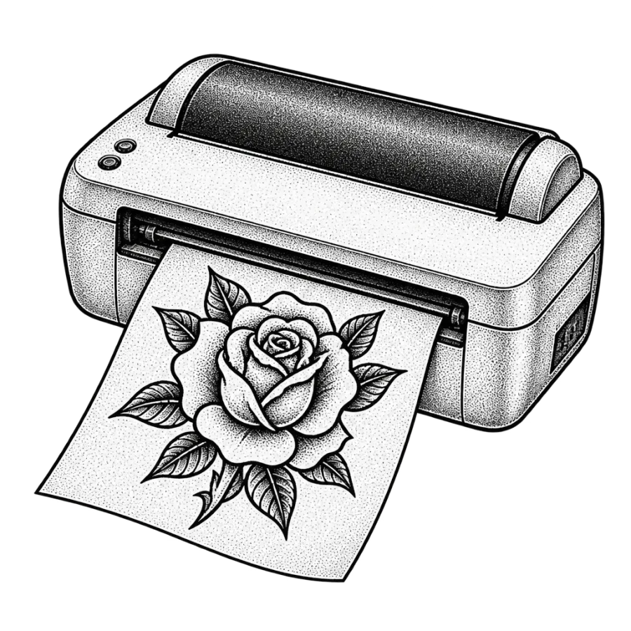 Line art drawing of a thermal stencil printer producing a tattoo stencil