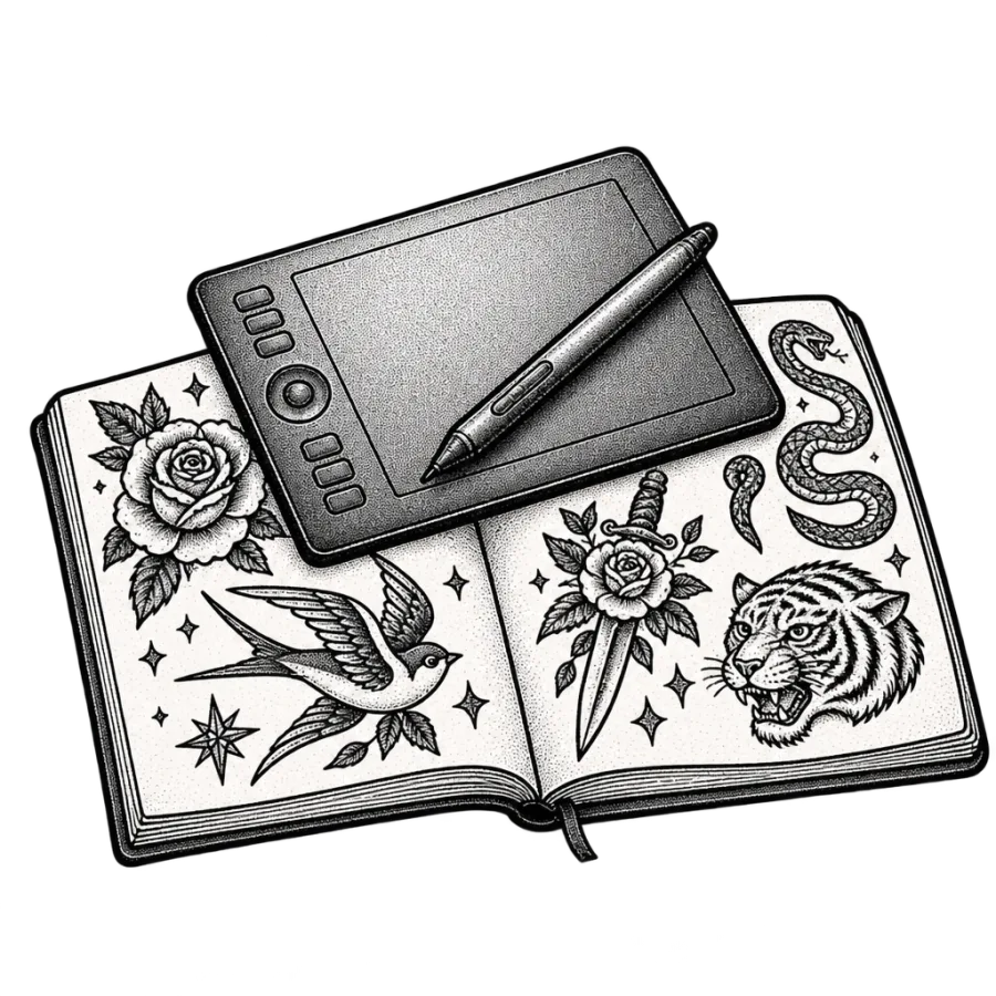 Line art illustration of a drawing tablet and stylus on a sketchbook