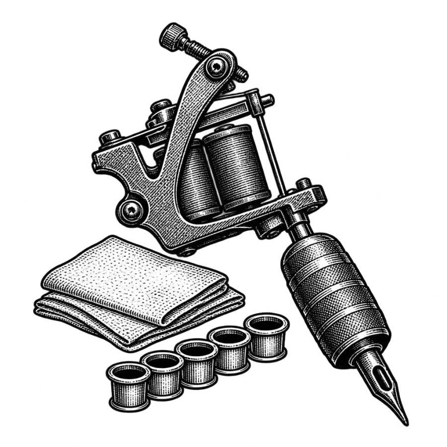 Engraved tattoo machine and ink caps design with hatched shading