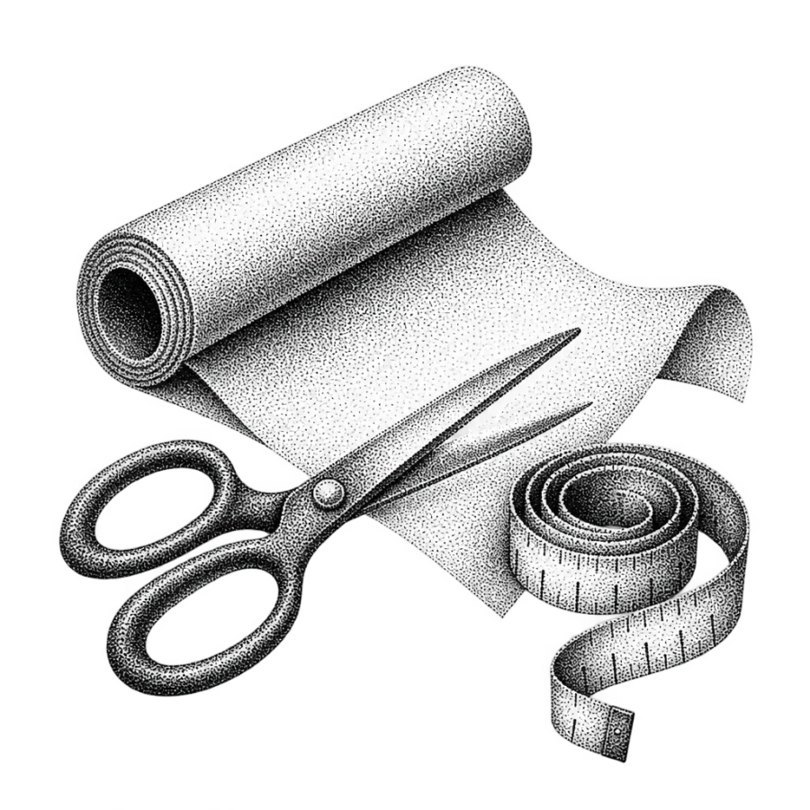 Dotwork design of stencil paper, scissors and a tape measure