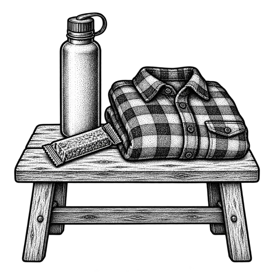 Line art still life of water, a snack and clothing for an appointment
