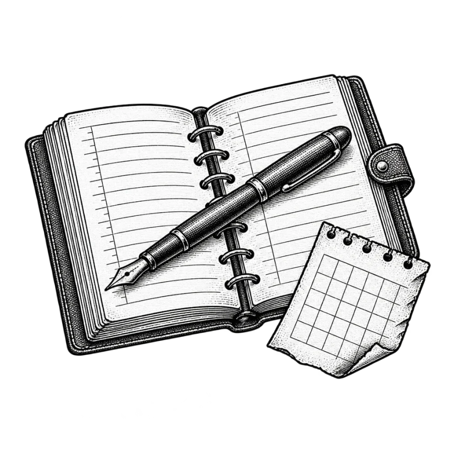 Engraved appointment book and pen tattoo design for booking a first session