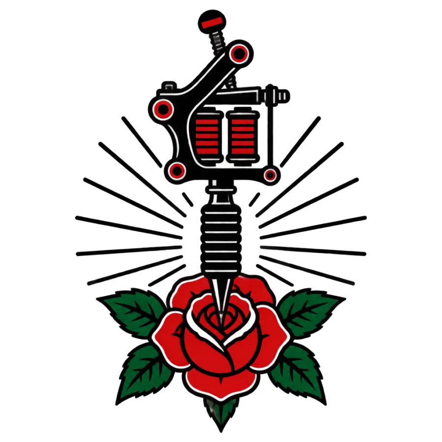 American traditional tattoo design of a coil machine with a rose and rays