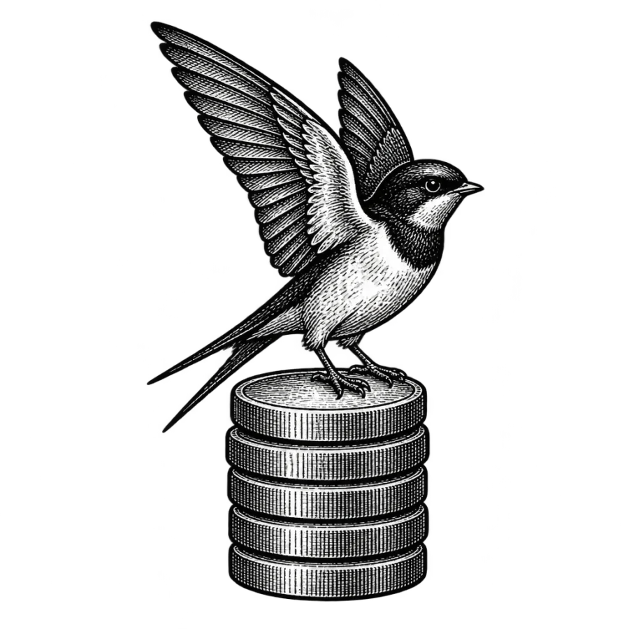 Engraved tattoo design of a swallow perched on a stack of coins