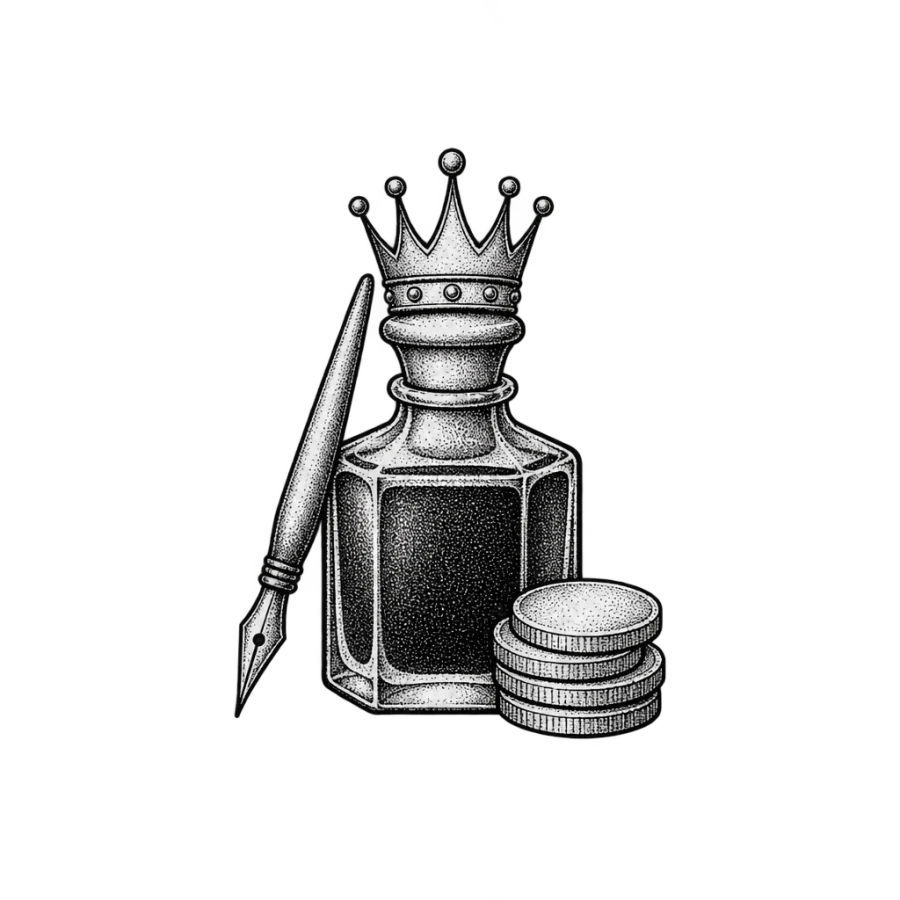 Fine line tattoo design of a crowned ink bottle, dip pen and coins
