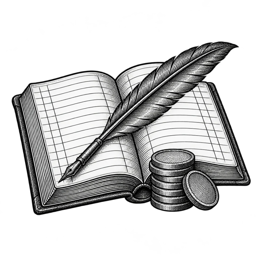 Engraved ledger book, quill and coins tattoo about tattoo pricing