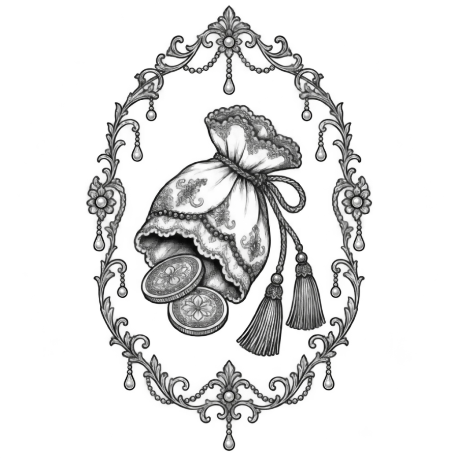 Ornamental filigree coin pouch tattoo framed in lace scrollwork