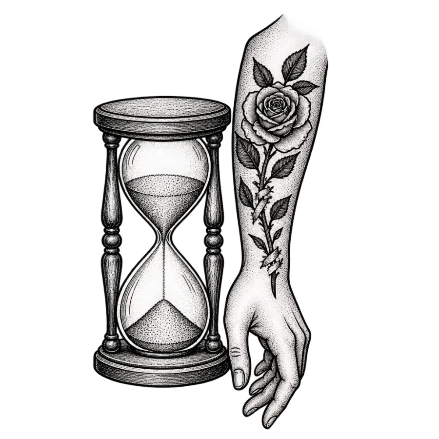 Line art illustration of an hourglass beside a healing rose tattoo