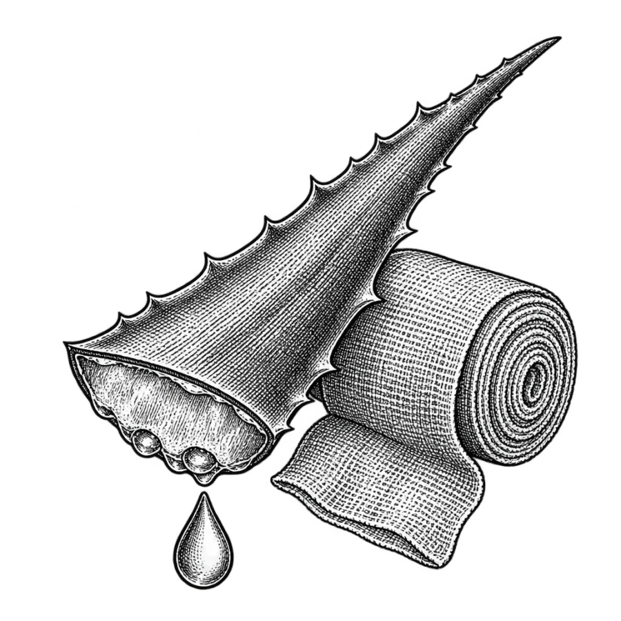 Engraved woodcut design of a cut aloe leaf with a bandage roll and droplet