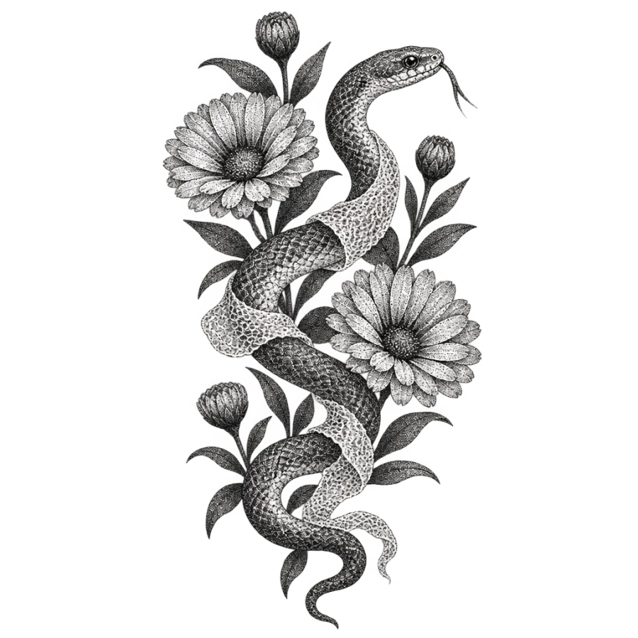 Dotwork design of a snake shedding its skin beside calendula for renewal