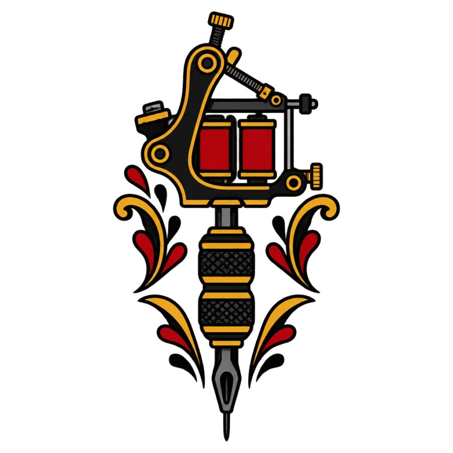 American traditional tattoo of a vintage coil tattoo machine with flourishes