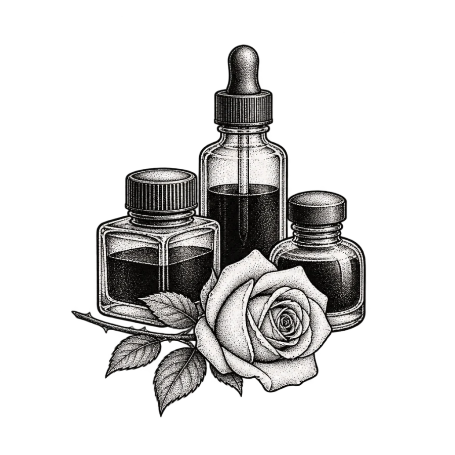 Fine line tattoo of three ink bottles grouped with a single rose
