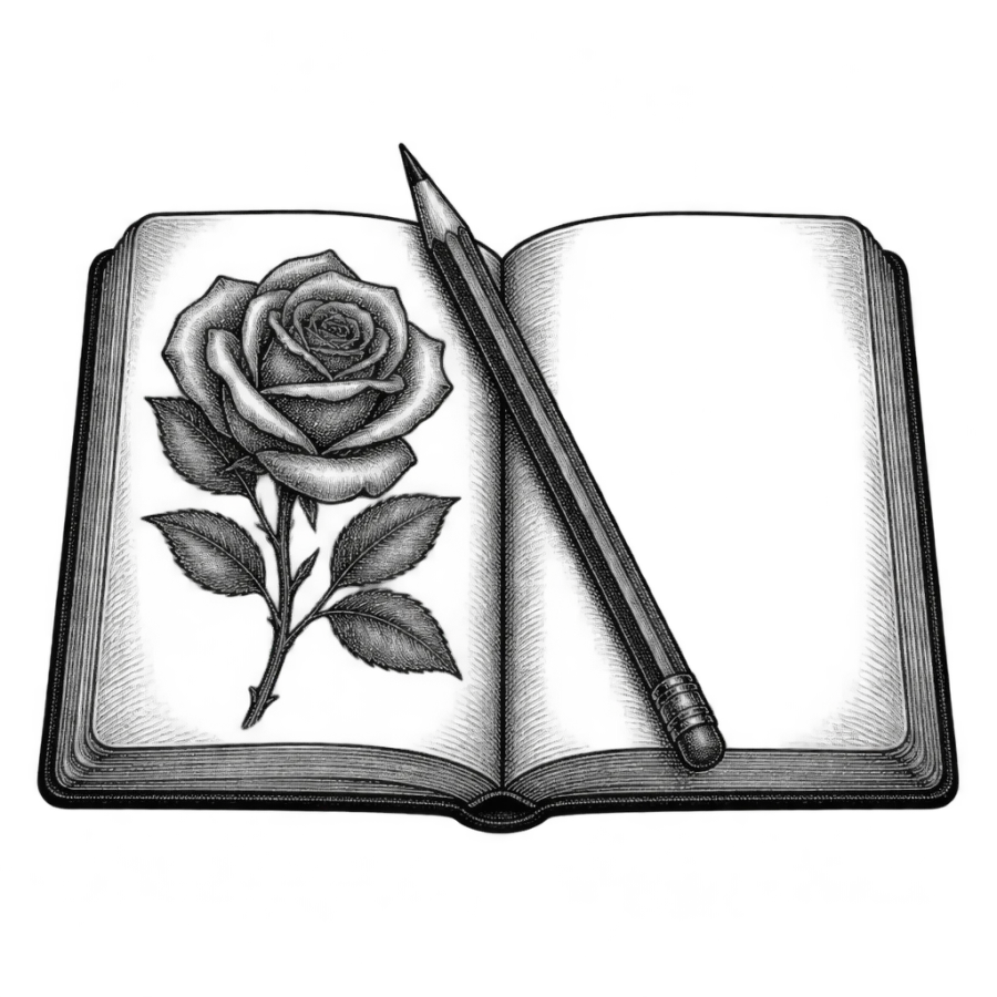 Engraved tattoo design of an open sketchbook with a rose and pencil