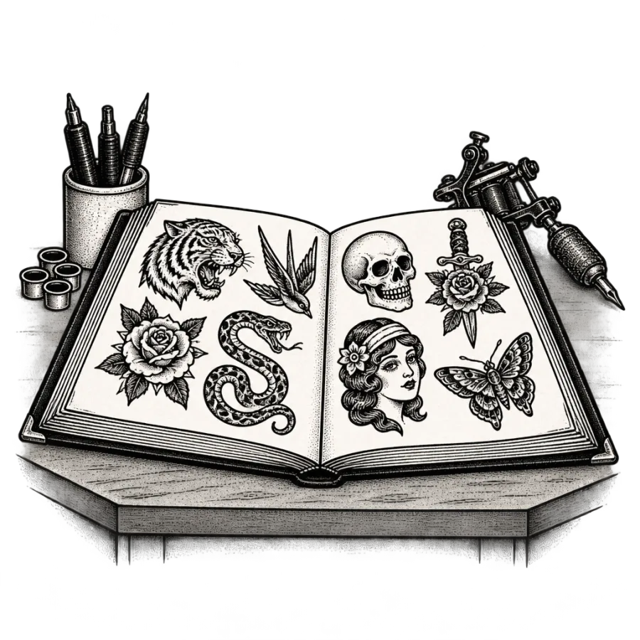 Line art illustration of an artist portfolio open on a studio counter