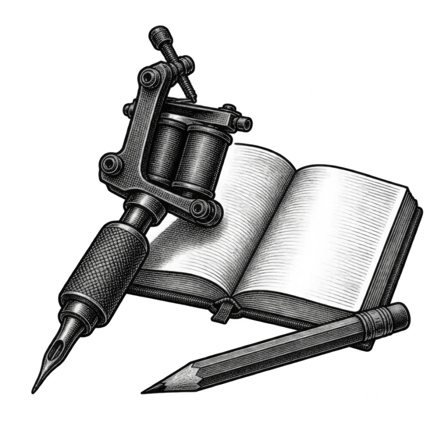Engraved woodcut design of a tattoo machine beside an open sketchbook and pencil