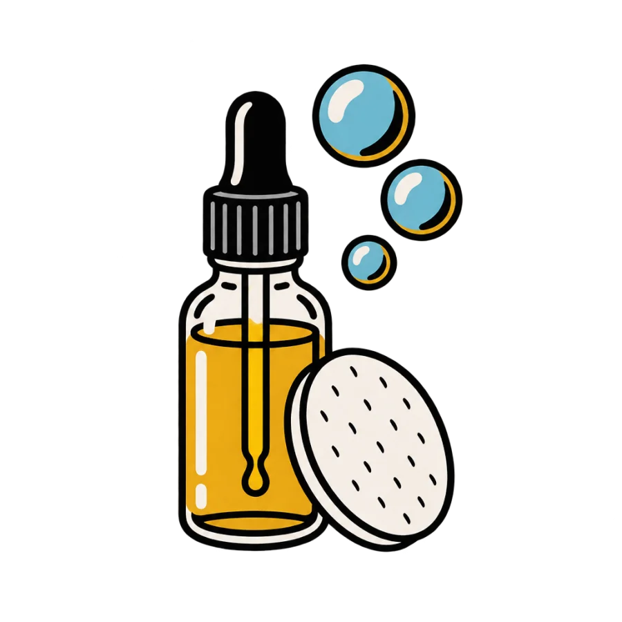 American traditional flash of an oil bottle, cotton pad and soap bubbles