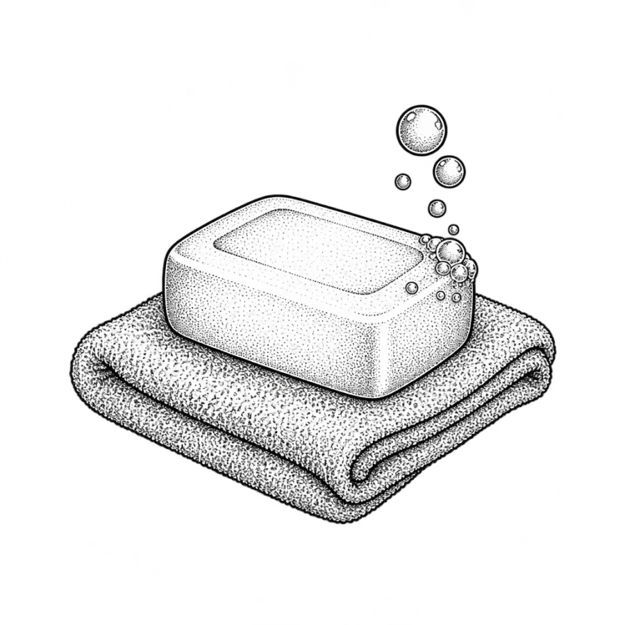 Fine line tattoo flash of a soap bar on a folded washcloth