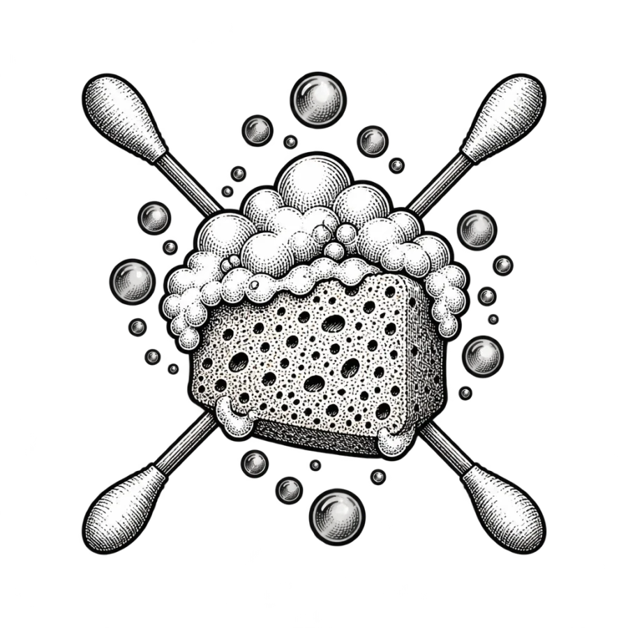 Engraved tattoo flash of a sudsy sponge with two crossed cotton swabs
