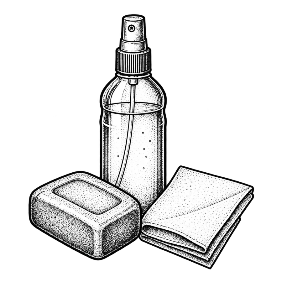 Line art drawing of saline spray, green soap and paper towel