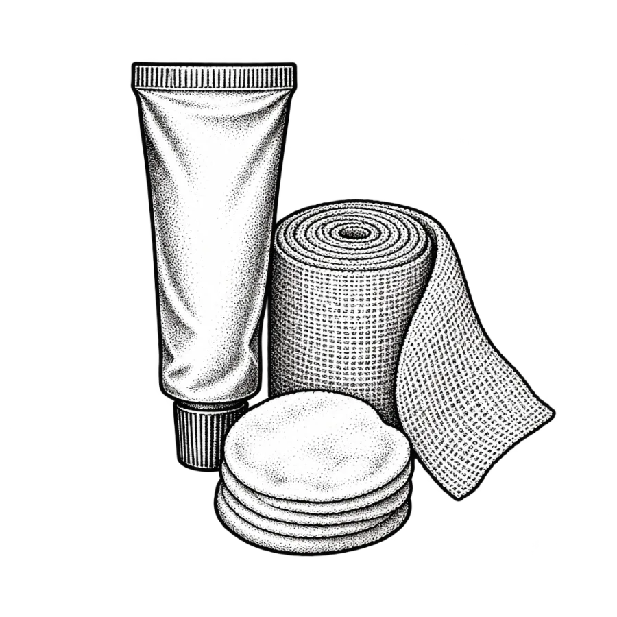 Line art still life of tattoo ointment, medical wrap and cotton pads