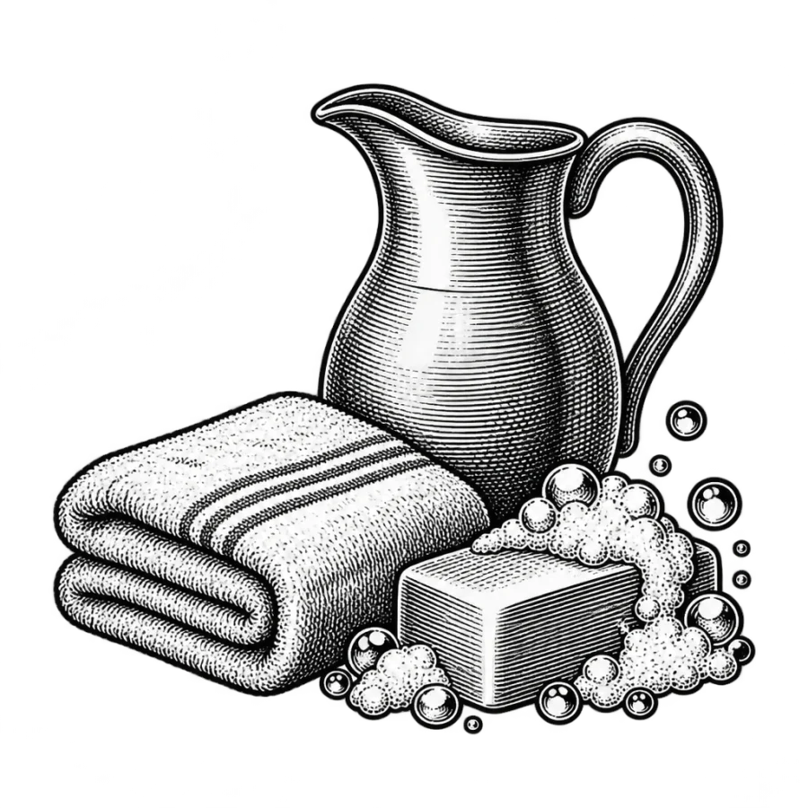 Engraved tattoo design of a water pitcher, folded towel and soap bar