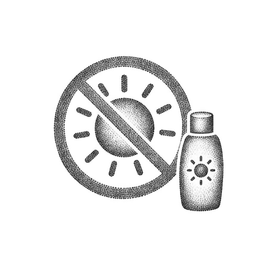 Dotwork tattoo design of an avoid sun symbol with a sunscreen bottle