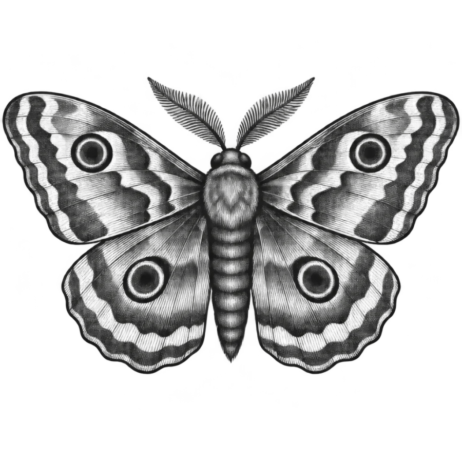 Engraved moth tattoo with wide spread wings for a cover up