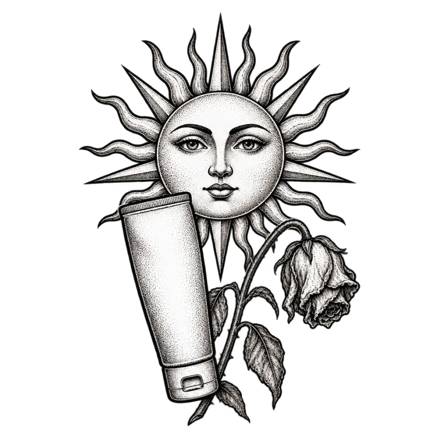 Line art illustration of the sun, sunscreen bottle and a faded rose