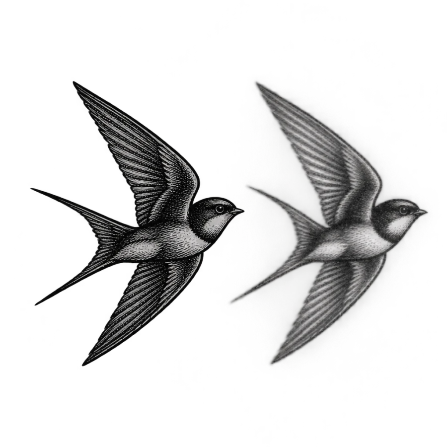 Engraved tattoo design of two swallows, one crisp and one with faded lines