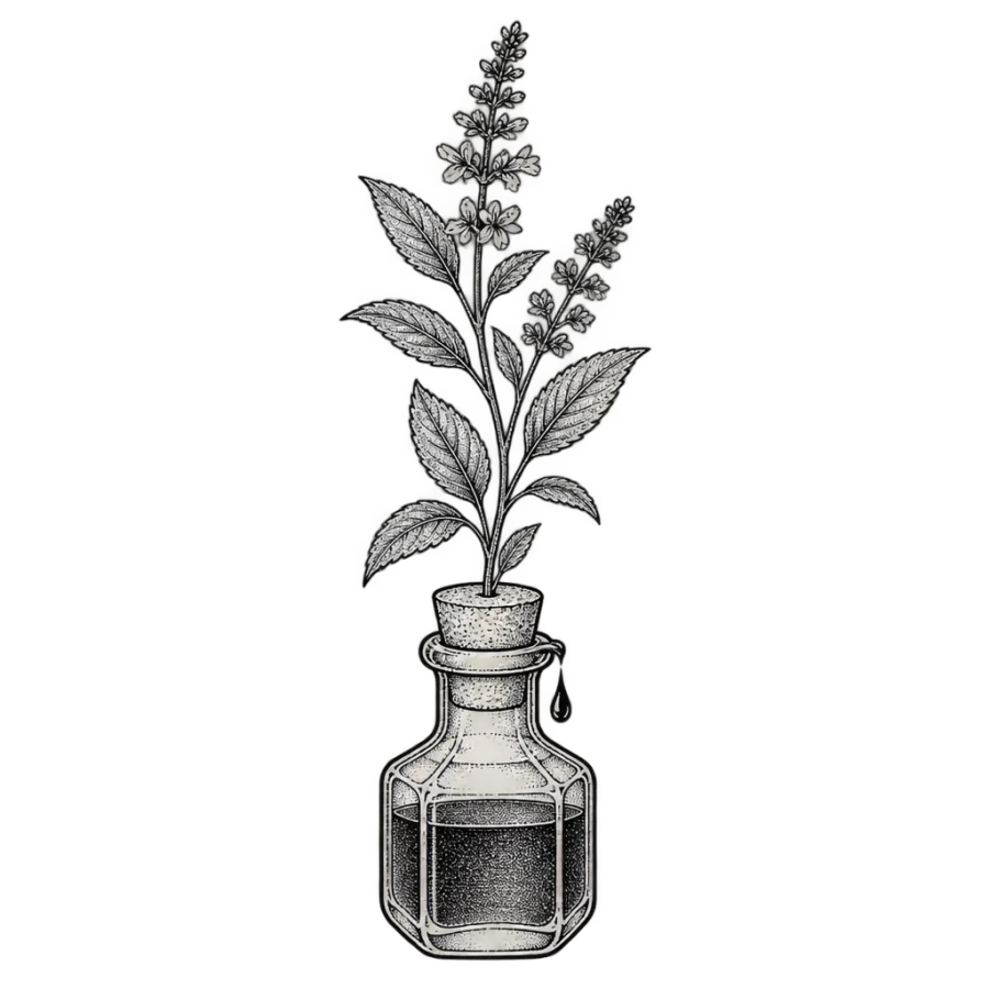 Fine line tattoo design of an ink bottle sprouting a leafy herb branch