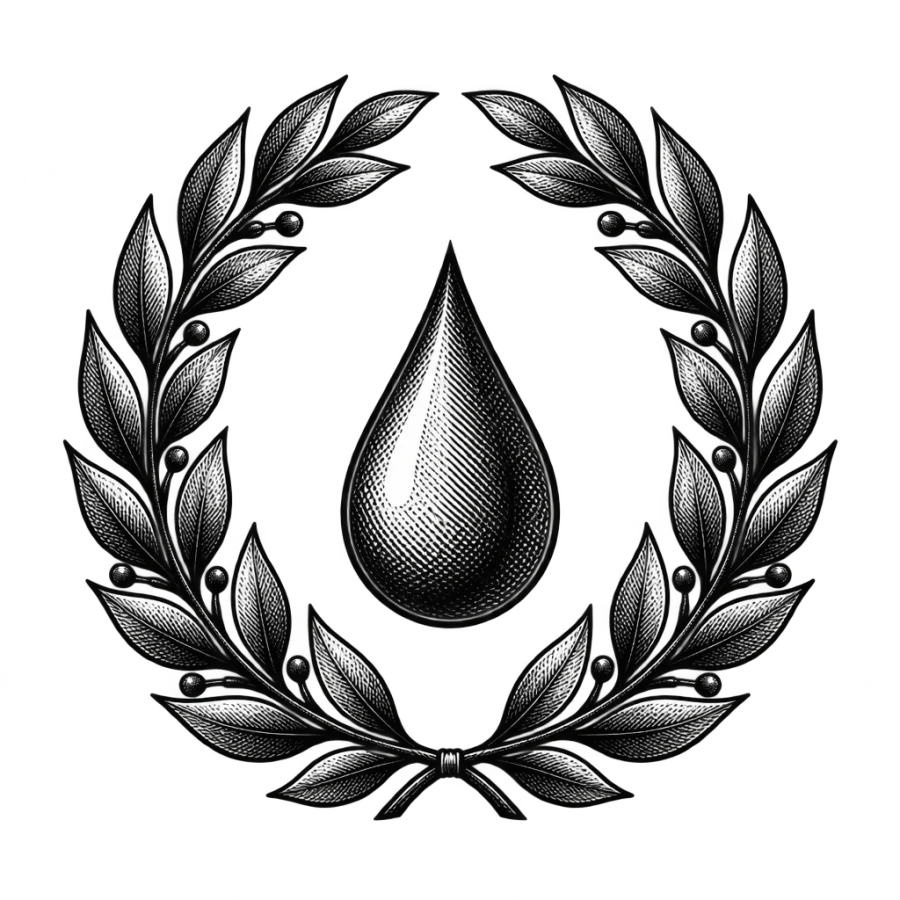 Engraved laurel wreath tattoo design circling one single ink drop