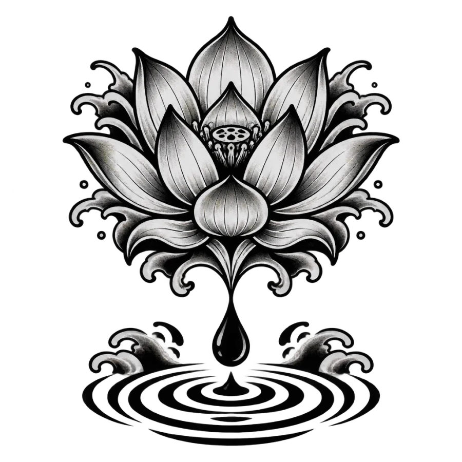 Japanese irezumi lotus tattoo design rising from a falling ink drop