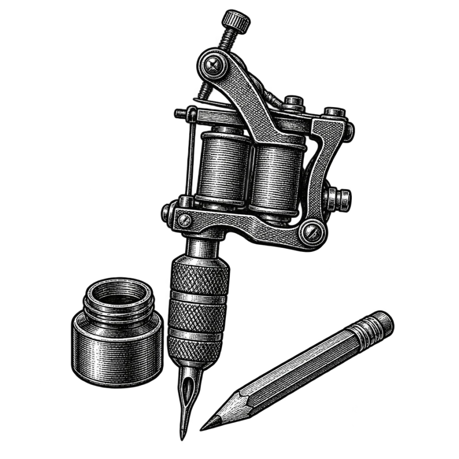 Engraved coil tattoo machine, ink pot and stencil pencil design study