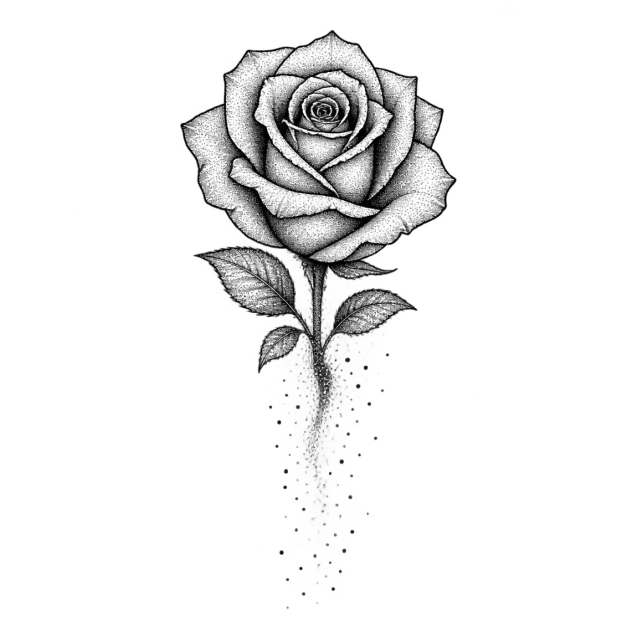 Fine line rose tattoo design dissolving into scattered dots as it fades
